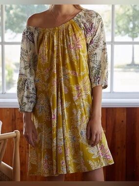 Boho Off-Shoulder Floral Dress in Mustard
